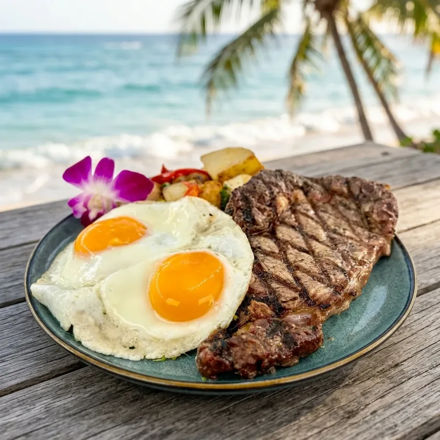 ShoreFyre Steak N Eggs — Certified Angus ribeye with two eggs, Waikīkī breakfast