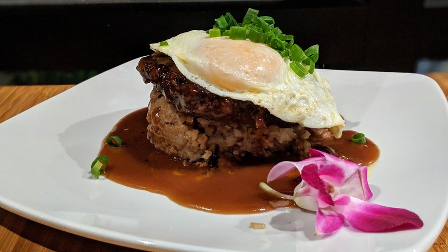 ShoreFyre's 50/50 Loco Moco with applewood smoked bacon and angus chuck patty